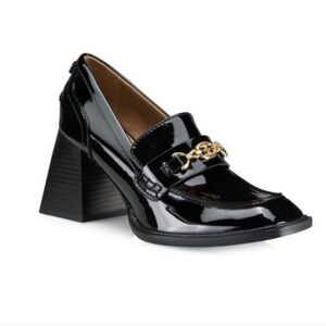Sam Edelman Black Patent Leather Block Heel Loafers with Gold Crest Detail SZ 8